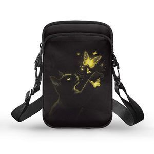 Cat Yellow Bling Butterfly Print Unisex Men 2 Layer Messenger Bags, :|